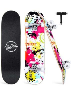 Complete 31” Skateboard for Beginners - 7 Layer Maple Deck, Double Kick, T-Tool
